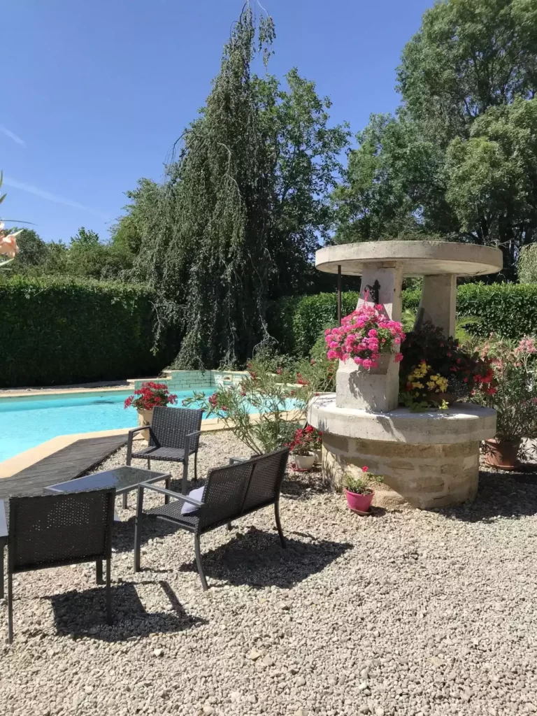 Espace détente extérieur avec puits en pierre, mobilier de jardin et piscine bordée d'arbres à L'agnoblens.